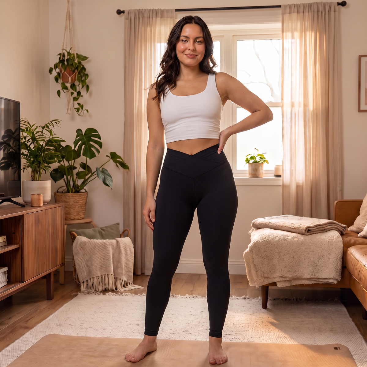 Ingvild-style UGC model wearing High-Waist Yoga Leggings in Black, front view