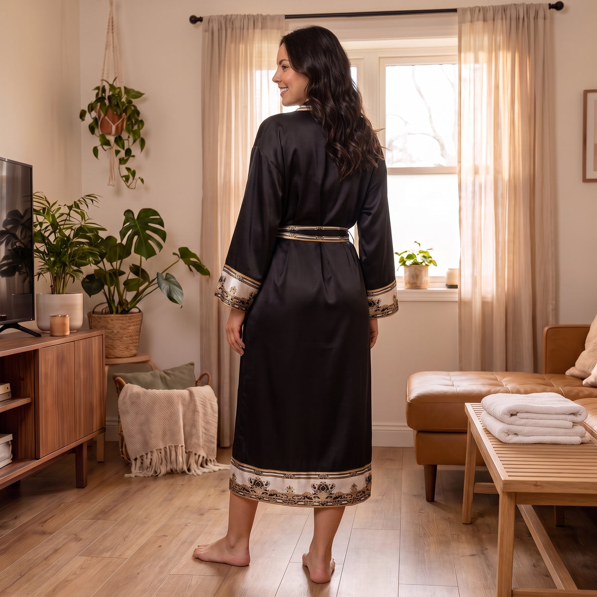 Free-Size Spa Robe - Onyx & Gold - Camila back