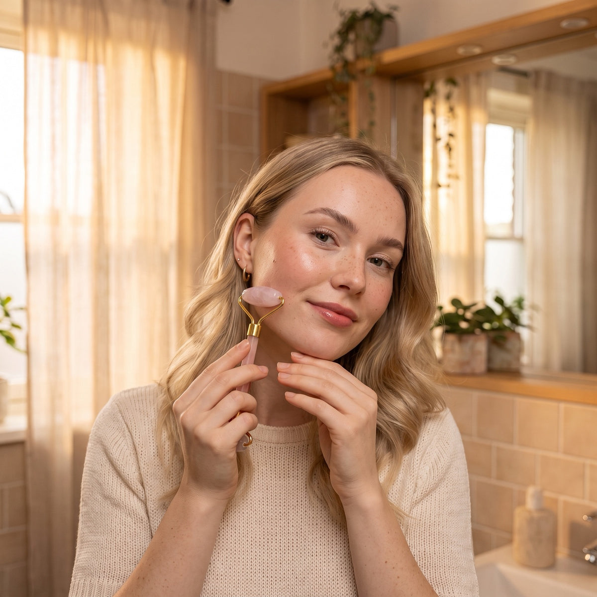 Ingvild using the Rose Quartz Gua Sha Stone on her face