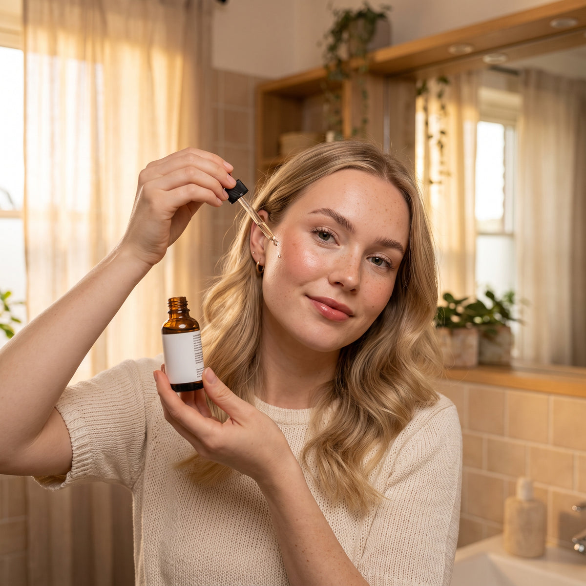 Model applying the Hyaluronic Acid Vitamin C Face Serum