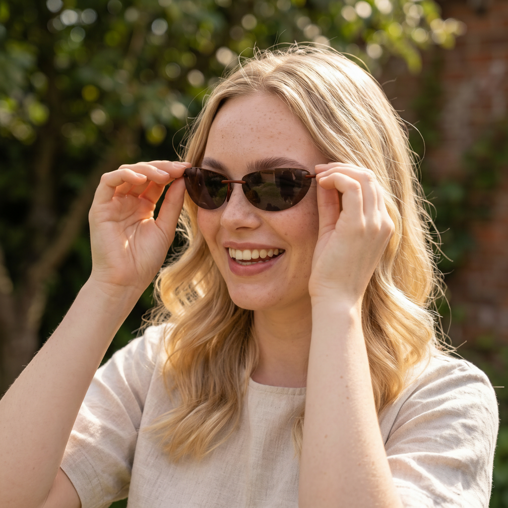 Ingvild wearing the Frameless Rectangular Sunglasses in brown, outdoors