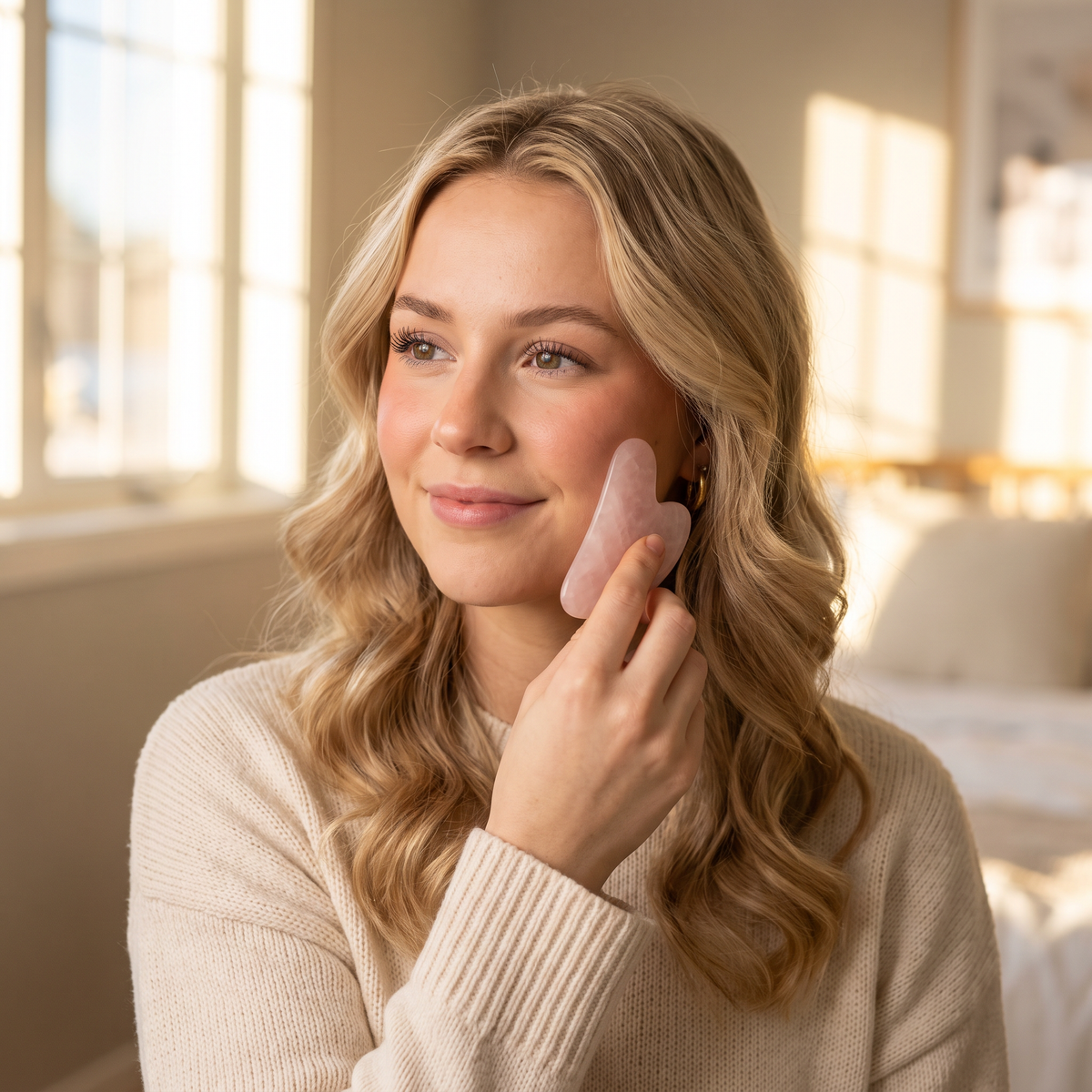 Model using the Jade & Rose Quartz Gua Sha Massager