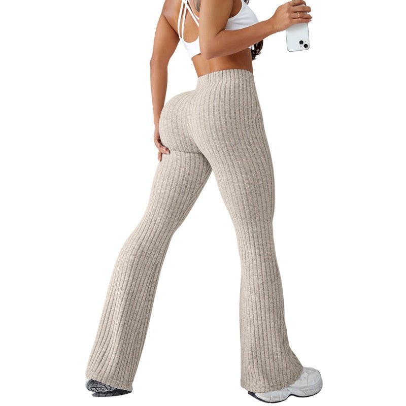 Ribbed flare yoga pants in beige, back view