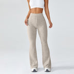 Ribbed flare yoga pants in beige, front view