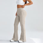 Ribbed flare yoga pants in beige, side view