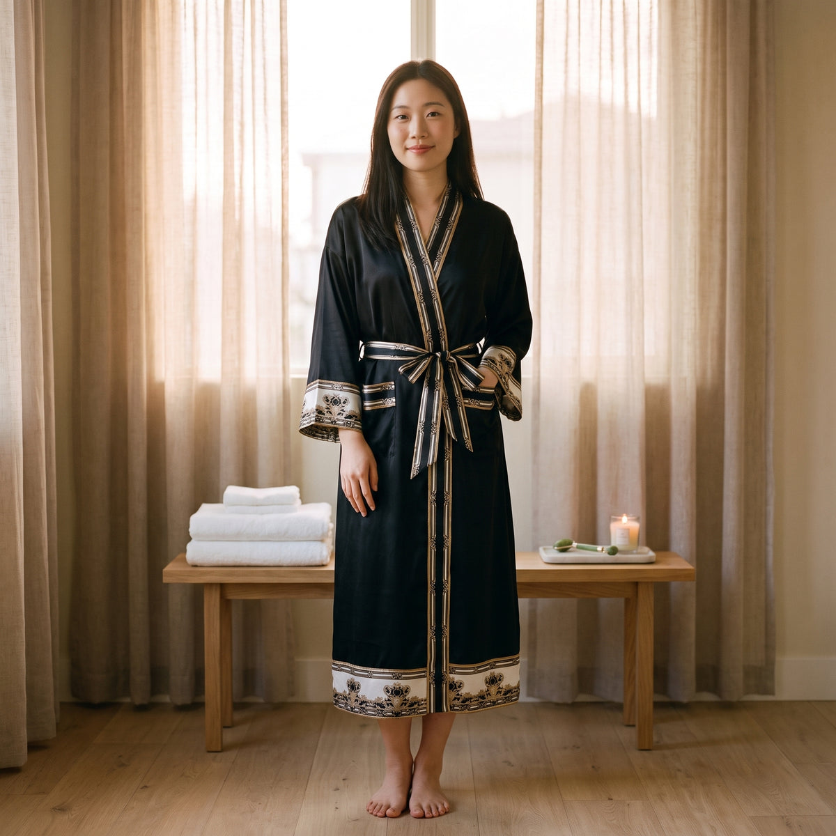 Free-Size Spa Robe - Onyx & Gold - Yuna front, wearing the Skincare Ritual Headband