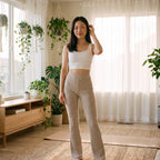 Ribbed flare yoga pants in beige, worn by Yuna, front view