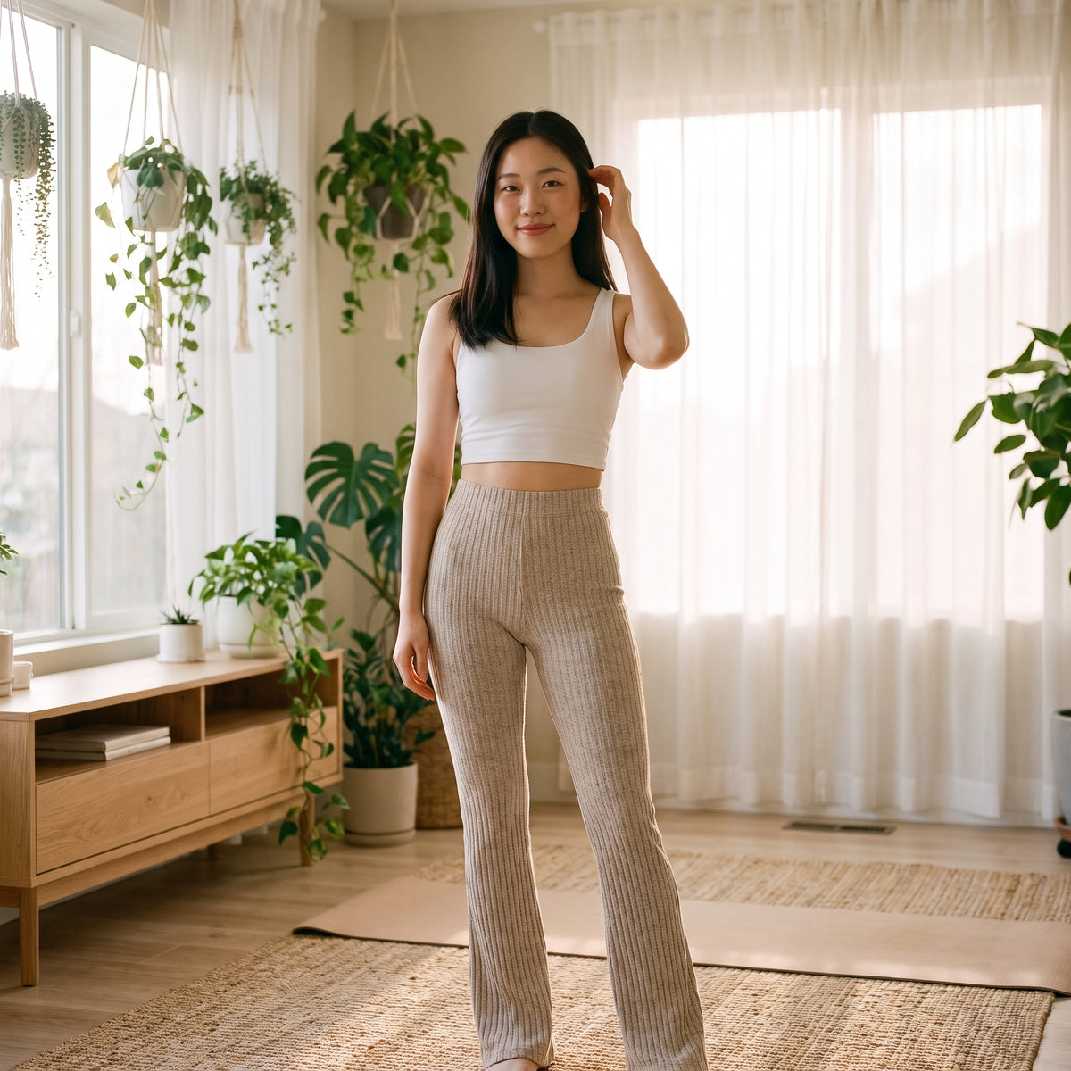 Ribbed flare yoga pants in beige, worn by Yuna, front view